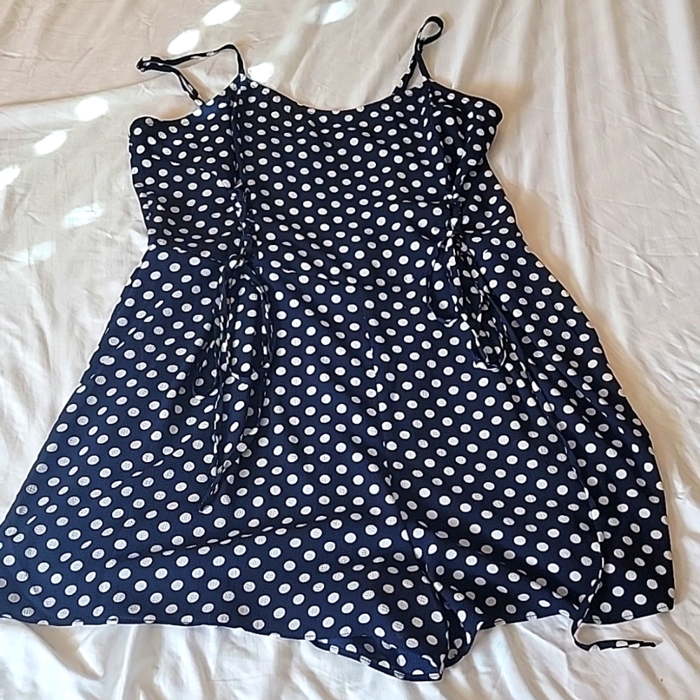 Charlie's blue & white polka dot rompers size L